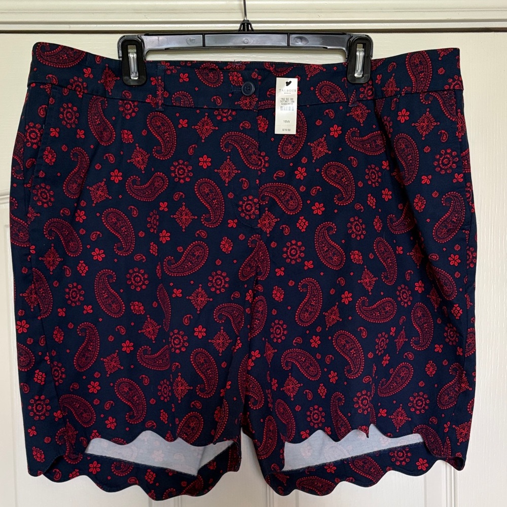 Talbots Navy Paisley Scalloped Hem Shorts - Red Print New NWT 18w